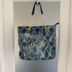 Trendy Distressed Denim Tote with Gold Chain